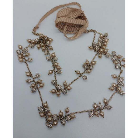 Faux Pearl Rhinestone Cluster 2 Strand Silver Tone 14-54" Ribbon Chain Necklace - Picture 3 of 6